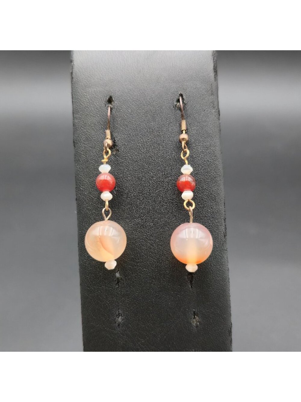 Boho Carnelian and Orange Banded Agate Round Bead Drop Earrings A8627